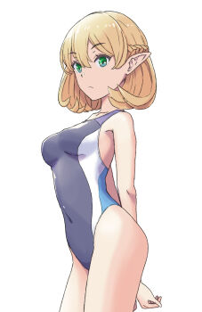 1girl alternate_costume arms_behind_back blonde_hair braid breasts closed_mouth commentary_request covered_navel cowboy_shot expressionless green_eyes grey_one-piece_swimsuit hair_between_eyes half_up_braid highres jack_(wkm74959) looking_at_viewer medium_breasts mizuhashi_parsee one-hour_drawing_challenge one-piece_swimsuit pointy_ears short_hair simple_background solo swimsuit touhou white_background
