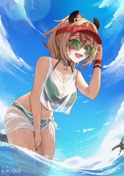 Rule 34 | 1girl, :d, absurdres, animal ears, bikini, blonde hair, blue sky, breasts, choker, cleavage, cloud, commentary, crop top, crossed bangs, day, double-parted bangs, english commentary, green-tinted eyewear, green bikini, green eyes, hair between eyes, hat, highres, indie virtual youtuber, large breasts, looking at viewer, navel, nimi nightmare, nimi nightmare (lifeguard), ocean, official alternate costume, official alternate hairstyle, open mouth, outdoors, partially underwater shot, pyrokuro, red hat, sarong, see-through cleavage, see-through clothes, see-through sarong, see-through tank top, short hair, sky, smile, solo, stomach, swimsuit, tank top, tapir ears, tapir girl, teeth, tinted eyewear, upper teeth only, virtual youtuber, visor cap, wading, white sarong, white tank top