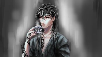 Rule 34 | 1boy, absurdres, aegyo sal, arm tattoo, beanszzz, black hair, black robe, chest tattoo, commentary, cup, english commentary, highres, holding, holding cup, long hair, male focus, messy hair, robe, shadow slave, snake tattoo, solo, steaming cup, sunny (shadow slave), tattoo, upper body