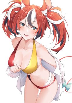 1girl :d absurdres airenif animal_ears bikini black_streaks blue_eyes bow breasts cleavage collarbone colored_tips commentary dice_hair_ornament double-parted_bangs hair_between_eyes hair_ornament hakos_baelz highres hololive hololive_english large_breasts long_hair looking_at_viewer mouse_ears mouse_girl mouse_tail multicolored_bikini multicolored_hair navel off_shoulder open_mouth red_hair shirt simple_background smile solo stomach streaked_hair swimsuit tail tail_bow tail_ornament twintails two-tone_bikini virtual_youtuber white_background white_shirt white_streaks