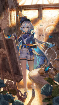 1girl absurdres ahoge analog_clock ascot blue_ascot blue_eyes blue_gem blue_hair blue_hat blue_jacket brooch bug butterfly canvas_(object) clock closed_mouth cup drop-shaped_pupils easel facing_viewer flower full_body furina_(genshin_impact) gem genshin_impact grandfather_clock hair_between_eyes hat heterochromia highres holding holding_paint_palette holding_paintbrush hydro_symbol_(genshin_impact) indoors insect jacket jewelry light_rays long_hair long_sleeves mismatched_pupils multicolored_hair ouji_fashion paint_palette paintbrush painting_(action) peachumi picture_frame portrait_(object) saucer shoes shorts solo streaked_hair sunbeam sunlight symbol-shaped_pupils table tea_set teacup teapot very_long_hair vision_(genshin_impact) white_shorts window