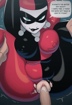 batman:_the_animated_series batman_(series) biting_own_lip blue_eyes breasts catto_natto covered_erect_nipples dc_comics english_text erection harley_quinn harley_quinn_(classic) hetero highres jester large_breasts looking_at_viewer m_legs mask nipples penis pussy sex simple_background spread_legs sweat thighs