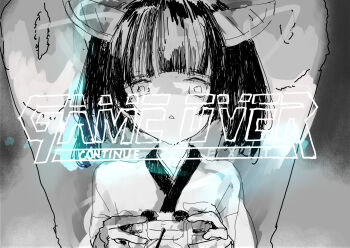 1girl abstract_background commentary_request controller dualshock english_text game_controller game_over gamepad greyscale hands_up headgear highres holding holding_controller holding_game_controller japanese_clothes kabuyama_kaigi kimono kiritanpo_(food) looking_at_viewer metal_gear_(series) metal_gear_solid monochrome oversized_food oversized_object playing_games playstation_controller short_hair solo touhoku_kiritan triangle_mouth twintails upper_body voiceroid