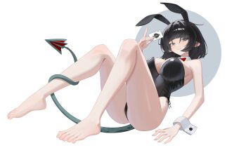 Rule 34 | 1girl, absurdres, alternate costume, animal ear hairband, animal ears, ass, barefoot, black hair, black leotard, blue eyes, bow, bowtie, breasts, card, closed mouth, commentary, detached collar, dolgom, english commentary, fake animal ears, feet, full body, grey background, hairband, hand up, highleg, highleg leotard, highres, holding, holding card, jane doe (zenless zone zero), knees up, large breasts, leotard, looking at viewer, mouse ears, mouse girl, mouse tail, notched ear, playboy bunny, rabbit ear hairband, rabbit ears, red bow, red bowtie, sharp tail, simple background, smile, solo, strapless, strapless leotard, tail, tail around own leg, toes, white background, white wrist cuffs, wrist cuffs, zenless zone zero