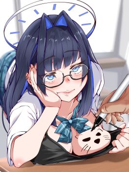 1girl 1other bent_over black_bra black_hair blue_bow blue_eyes blue_hair blue_skirt body_writing bow bra bra_pull breasts chanwara_06 classroom closed_mouth clothes_pull commentary_request desk ear_piercing glasses halo hand_on_own_face highres holding holding_marker hololive hololive_english indoors large_breasts marker ouro_kronii piercing pulling_own_clothes school_desk semi-rimless_eyewear shirt skirt underwear virtual_youtuber white_shirt window
