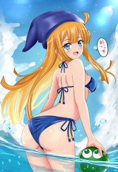 Rule 34 | 1girl, ass, bikini, blonde hair, blue bikini, blue eyes, blue sky, blush, breasts, cloud, compile, hat, highres, long hair, looking at viewer, looking back, madou monogatari, medium breasts, ocean, open mouth, partially submerged, puyo (puyopuyo), puyopuyo, sega, shiguko, side-tie bikini bottom, sky, smile, solo, speech bubble, swimsuit, translation request, underboob, very long hair, water, water drop, wet, witch (puyopuyo)