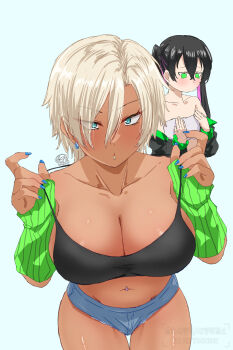 2girls absurdres arm_warmers bare_shoulders black_hair blonde_hair blue_eyes blue_nails breast_envy breasts cleavage collarbone colored_inner_hair dark-skinned_female dark_skin denim denim_shorts earrings ganguro green_eyes gyaru hair_between_eyes hands_up highres jacket jacket_partially_removed jewelry kogal multicolored_hair multiple_girls mutsuki_(mutsuki0110) nail_polish navel_piercing original piercing pink_hair short_hair short_shorts shorts tan twintails watermark white_background