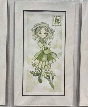 1girl acrylic_paint_(medium) border bow commentary_request dress expressionless frilled_shirt_collar frills full_body hair_ribbon hand_up hat highres holding holding_plant juliet_sleeves karintoun kneehighs long_sleeves looking_at_viewer medium_hair monochrome neck_ribbon original painting_(medium) pale_skin parted_bangs photo_(medium) picture_frame plant plant_request pleated_skirt puffy_sleeves puritan_collar ribbon signature skirt socks solo traditional_media twintails watercolor_(medium) wavy_hair white_background white_border