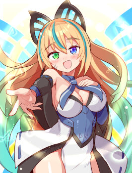 1girl :d azure_striker_gunvolt azure_striker_gunvolt_3 bare_shoulders blaster_master_zero blonde_hair blue_eyes blue_hair blue_neckerchief blush breasts butterfly_hair_ornament cleavage commentary commission commissioner_upload company_connection cosplay cougar_(cougar1404) cowboy_shot detached_sleeves dress energy_wings eve_(blaster_master_zero) green_eyes hair_between_eyes hair_ornament hand_on_own_chest headphones heterochromia large_breasts long_hair looking_at_viewer lumen_(gunvolt) lumen_(gunvolt)_(cosplay) multicolored_dress multicolored_hair musical_note neckerchief no_panties open_mouth outstretched_arm scar scar_on_face skeb_commission smile solo streaked_hair very_long_hair wings
