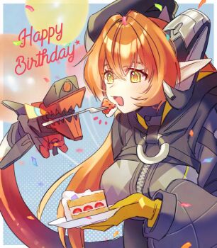 1girl beret black_coat breasts cake coat confetti curled_horns feeding food fork fruit gloves happy_birthday hat holding holding_fork horns large_breasts long_hair magus_(zenless_zone_zero) orange_hair orphie_magnusson pointy_ears strawberry strawberry_shortcake tmskdot yellow_gloves zenless_zone_zero