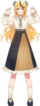 Rule 34 | 1girl, :3, alternate art style, bandai namco, black eyes, black shoes, black skirt, blue scrunchie, bolo tie, bow, bow legwear, brooch, brown eyes, brown hair, buttons, center frills, claw pose, closed mouth, collar, collared shirt, cone hair bun, cowboy shot, dot nose, double bun, english text, facing viewer, frilled collar, frilled sleeves, frills, gold skirt, hair bun, hair ornament, hair scrunchie, half-skirt, half updo, heart, highres, humanization, jewelry, komedo tamago ta, lace-trimmed footwear, lace-trimmed socks, long hair, long sleeves, looking at viewer, mai (wadiverse) (taiko no tatsujin), medium skirt, multicolored hair, ribbon, ribbon-trimmed skirt, ribbon trim, sandals, scrunchie, second-party source, shirt, shirt tucked in, shoes, simple background, skirt, socks, solo, straight-on, straight hair, streaked hair, tachi-e, taiko no tatsujin, toramai, transparent background, two-tone bow, very long hair, wavy hair, white ribbon, white shirt, white sleeves, white socks, yellow bow, yellow skirt