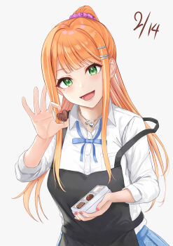 Rule 34 | 1girl, :d, absurdres, apron, black apron, blue skirt, candy, chocolate, chocolate heart, commentary, dated, food, gakuen idolmaster, green eyes, grey background, head tilt, heart, heart-shaped food, heart necklace, highres, holding, holding chocolate, holding food, idolmaster, jewelry, light blush, looking at viewer, mole, mole under eye, mossan (mossan-777), nail polish, necklace, open mouth, orange hair, pink nails, ponytail, shirt, shiun sumika, simple background, skirt, smile, solo, valentine, white shirt