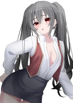1girl absurdres black_skirt breasts brown_pantyhose choujigen_game_neptune commentary dress_shirt english_commentary grey_hair hair_between_eyes highres long_hair medium_breasts neptune_(series) noire_(neptunia) office_lady pantyhose partially_unbuttoned red_hair red_vest shirt skirt twintails vest white_shirt xueli_shimazaki
