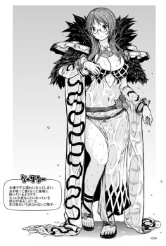 1girl argyle_clothes argyle_dress belt breasts cleavage closed_mouth commentary_request covered_navel detached_sleeves dress female_pubic_hair full_body funamushi_(funa) fur_collar glasses greyscale large_breasts long_hair monochrome no_panties pubic_hair ragnarok_online sandals see-through_clothes see-through_dress side_slit solo sorcerer_(ragnarok_online) standing translation_request wet wet_clothes wet_dress