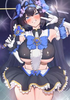 absurdres armpits blue_eyes breasts curvy gloves highres holding holding_wand hololive hololive_english large_breasts ouro_kronii ribbon shio05_(05_sio) skirt smile tagme thick_thighs thighs twintails underboob virtual_youtuber wand