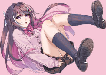 1girl alternate_costume asymmetrical_sidelocks azki_(hololive) black_hair black_shoes black_skirt black_socks bow bowtie braid cardigan collared_shirt colored_inner_hair commentary_request double-parted_bangs full_body hair_intakes hair_ornament hairclip half_up_half_down_braid hololive kneehighs loafers long_hair looking_at_viewer miniskirt miri_(ago550421) mole mole_under_eye multicolored_hair open_mouth pink_background pink_bow pink_bowtie pink_cardigan pink_hair pleated_skirt purple_eyes ribbed_socks shirt shoe_soles shoes sidelocks simple_background skirt socks solo streaked_hair teeth upper_teeth_only very_long_hair virtual_youtuber white_hair white_shirt