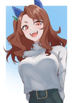 1girl absurdres alternate_costume animal_ears belt_buckle breasts brown_eyes brown_hair buckle casual commentary_request danboru_(jdanboru1182) ear_covers grey_shirt highres horse_ears horse_girl king_halo_(umamusume) looking_at_viewer medium_hair one_side_up open_mouth shirt simple_background smile solo teeth turtleneck turtleneck_shirt umamusume upper_teeth_only white_background