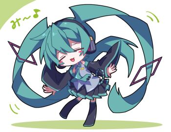 1girl :3 :d aosaki_yato bare_shoulders black_boots black_skirt black_sleeves blush_stickers boots chibi chibi_only closed_eyes collared_shirt commentary_request detached_sleeves double-parted_bangs full_body green_hair green_necktie grey_shirt hair_between_eyes hatsune_miku headset long_hair long_sleeves necktie number_tattoo open_mouth pleated_skirt shirt shoulder_tattoo simple_background skirt sleeveless sleeveless_shirt smile solo standing standing_on_one_leg tattoo thigh_boots thighhighs tie_clip twintails very_long_hair vocaloid white_background wide_sleeves zettai_ryouiki