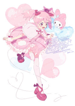 1girl :d balloon bow bowtie capelet closed_mouth dress frilled_capelet frilled_dress frills full_body hair_bow heart_balloon highres kaname_madoka leg_up mahou_shoujo_madoka_magica my_melody my_melody_(series) open_mouth pink_capelet pink_dress pink_eyes pink_hair red_bow red_bowtie red_shoes sanrio serizawa_serizane shoes short_hair short_twintails smile standing standing_on_one_leg thighhighs twintails twitter_username watermark white_background white_thighhighs
