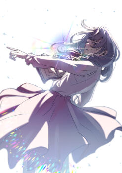 1girl absurdres brown_hair face_piercing fear_&amp;_hunger_(series) fear_&amp;_hunger_2:_termina hashtag-only_commentary highres hlblgllove long_hair long_sleeves looking_at_viewer marina_(fear_&amp;_hunger) mouth_piercing outstretched_arms parted_lips piercing pink_skirt shirt shirt_tucked_in skirt solo white_background white_shirt