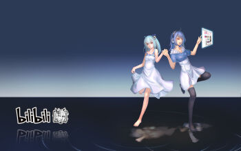 2girls ahoge aqua_hair barefoot bili_girl_22 bili_girl_33 bilibili black_legwear blue_hair dress floating_screen hair_ornament headset highres holding_hands holographic_monitor leg_up logo long_legs multiple_girls musyne_xsk open_mouth pointing red_eyes reflection siblings side_ponytail sisters skirt_hold stone_mask_(jojo) strap_slip thighhighs