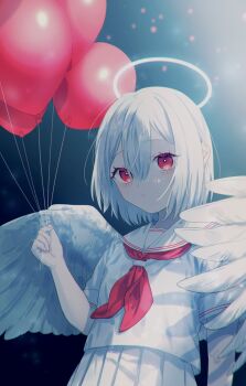 1girl angel angel_wings balloon blue_background child feathered_wings from_below gradient_background hair_between_eyes halo highres holding holding_string light_particles looking_at_viewer myoru neckerchief original pleated_skirt red_neckerchief sailor_collar school_uniform serafuku short_hair short_sleeves skirt solo string upper_body white_hair white_sailor_collar white_serafuku white_skirt wings