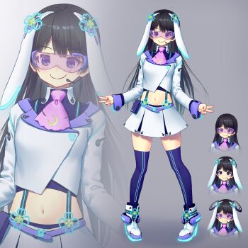 1girl animal_ears ascot black_hair blue_eyes blue_thighhighs clover collared_shirt crescent_moon double_v female_focus goggles highres kath legs_apart long_hair long_sleeves midriff miniskirt moon navel neon_trim nijisanji pink_ascot rabbit_ears shirt skindentation skirt smile solo standing tagme thighhighs tsukino_mito v virtual_youtuber zettai_ryouiki