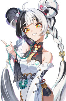 1girl animal_print bare_shoulders bear_print black_hair braid braided_twintails china_dress chinese_clothes commentary_request detached_sleeves dialyn_(zenless_zone_zero) dress earrings frilled_sleeves frills grin hair_ornament hairclip highres jewelry long_hair matsuhisa_(ryo-tsuda1) multicolored_hair necktie panda_hair_ornament panda_print phone simple_background smile solo split-color_hair teeth white_background white_dress white_hair wire yellow_eyes yellow_necktie zenless_zone_zero