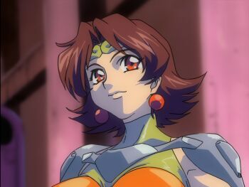 1girl angel_blade armor bodysuit brown_eyes earrings highres jewelry karin_(angel_blade) looking_to_the_side oobari_masami orange_bodysuit pauldrons red_eyes resized screencap short_hair shoulder_armor upscaled