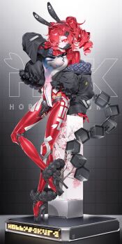 1girl absurdres animal_ear_hairband animal_ears black_coat black_jacket bodysuit breasts coat commentary_request cowboy_shot crossed_ankles crotch_zipper drill_hair fake_animal_ears figure_four_standing grid_background hair_between_eyes hair_ornament hairband hairclip heart heart-shaped_pupils highres hobby_sakura jacket jacket_partially_removed joints long_hair looking_at_viewer mask_pull mechanical_ears mechanical_legs medium_breasts mouth_mask_under_chin nana_(orihira) off_shoulder orihira padded_jacket platform_heels rabbit_ear_hairband rabbit_ears red_eyes red_hair robot robot_girl robot_joints science_fiction short_hair simple_background solo standing standing_on_one_leg symbol-shaped_pupils text_background twin_drills v zipper zipper_pull_tab