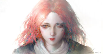 1girl 2022 absurdres artist_name brown_eyes brown_hair cloak closed_mouth dated elden_ring facial_tattoo highres hood hood_down hooded_cloak leo-dont-want-to-be-a-painter looking_at_viewer medium_hair melina_(elden_ring) one-eyed one_eye_closed signature simple_background solo tattoo white_background