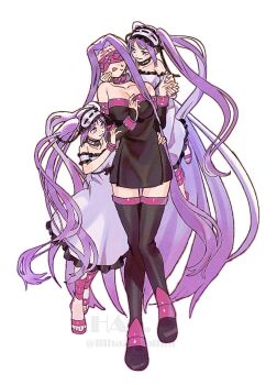 3girls artist_name bare_shoulders black_dress blindfold detached_sleeves dress euryale_(fate) fate/hollow_ataraxia fate_(series) full_body hal_(haaaalhal) highres long_hair looking_at_viewer medusa_(fate) multiple_girls pink_eyes pink_hair pink_sandals sandals siblings simple_background sisters smile stheno_(fate) strapless strapless_dress sweat tube_dress twins twintails twitter_username very_long_hair white_background white_dress