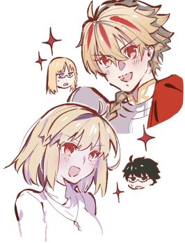 2boys 2girls :d ahoge arcueid_brunestud armor black_eyes black_hair blonde_hair blush braid braided_ponytail cape crossover fate/strange_fake fate_(series) glasses hair_between_eyes hair_intakes highres jewelry long_hair look-alike multiple_boys multiple_girls necklace numuhe open_mouth profile red_cape red_eyes red_hair red_streaks richard_i_(fate) sajou_ayaka_(fate/strange_fake) short_hair side_cape sidelocks smile sparkle sweat tohno_shiki tsukihime tsukihime_(remake)