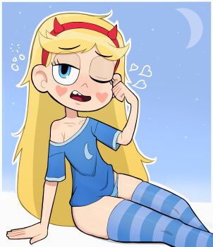 1girl blonde_hair blue_eyes commentary flat_chest hair_behind_ear heart-shaped_blush_stickers highres long_hair looking_at_viewer panties rukisan(pixiv) simple_background sleepy solo star_butterfly star_vs_the_forces_of_evil thighhighs toon_(style) underwear