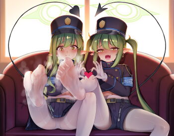 2girls absurdres armband belt belt_buckle black_belt black_hat black_jacket black_shorts black_skirt black_tail blue_archive blue_armband blush buckle buttons closed_mouth couch demon_girl demon_tail dot_nose earrings embarrassed fang feet furrowed_brow gloves green_hair green_halo hair_between_eyes half-closed_eyes halo hat heart heart_hands highres hikari_(blue_archive) jacket jewelry leg_up loli long_hair long_sleeves long_tail looking_at_viewer looking_down mimuxiao multiple_girls navel nozomi_(blue_archive) on_couch open_mouth panties panties_under_pantyhose pantyhose pantyhose_under_shorts pantyshot peaked_cap pleated_skirt pointy_ears shorts siblings sisters skin_fang skirt smile soles split_mouth spread_legs steam steamy_feet sweat sweatdrop tail thighband_pantyhose toes twins twintails underwear very_long_hair whistle white_gloves white_pantyhose window yellow_eyes
