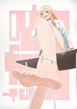 1girl absurdres anklet barefoot blonde_hair feet highres jewelry kitagawa_marin light_blush long_hair looking_at_viewer open_mouth red_eyes smearz soles sono_bisque_doll_wa_koi_wo_suru toes