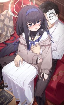 1boy 1girl black_hair blue_archive blush book bookshelf brown_cardigan brown_halo cardigan commentary_request couch crossed_bangs doodle_sensei_(blue_archive) dress_pants dress_shirt from_above hair_between_eyes hair_ribbon hairband halo headband hetero highres hug hug_from_behind indoors jewelry long_hair long_skirt low_twintails narita_tamezou neckerchief necklace on_couch paper_on_head parted_lips purple_eyes purple_hairband purple_headband purple_neckerchief ribbon sailor_collar school_uniform sensei_(blue_archive) serafuku shirt sitting sitting_on_lap sitting_on_person skirt sparkle sweatdrop twintails ui_(blue_archive) undershirt unworn_eyewear very_long_hair white_sailor_collar white_serafuku white_shirt white_skirt