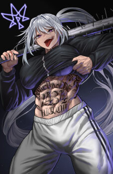 1girl :p abs alternate_body_size alternate_muscle_size back_tattoo baseball_bat biceps blood blood_on_face blood_on_hands breasts bruise bruise_on_face bulge clothes_lift covered_penis fang flexing futanari grey_hair groin highres higuchi_kaede holding holding_baseball_bat ike_(pixiv87705047) injury jacket jacket_lift large_breasts lifting_own_clothes long_hair looking_at_viewer metal_baseball_bat muscular muscular_female nail_(hardware) nail_bat navel nijisanji number_tattoo obliques open_mouth pants ponytail pubic_tattoo purple_eyes purple_sports_bra shirt_lift slit_pupils smile solo sports_bra standing stomach stomach_tattoo tall_female tattoo text_tattoo thick_thighs thighs tight_clothes tongue tongue_out track_jacket track_pants track_suit veins veiny_hands very_long_hair