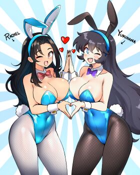2girls absurdres animal_ears aqua_leotard asymmetrical_docking black_hair black_pantyhose blue_eyes bow bowtie breast_press breasts brown_eyes commentary detached_collar english_commentary fishnet_pantyhose fishnets grey_pantyhose highres jarckius large_breasts leotard long_hair multiple_girls nail_polish one_eye_closed original pantyhose playboy_bunny purple_bow purple_bowtie rabbit_ears rabbit_tail red_bow red_bowtie strapless strapless_leotard tail wrist_cuffs