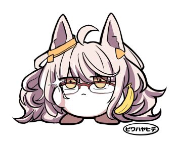 1girl ahoge animal_ears banana biwa_hayahide_(umamusume) brown_eyes brown_shoes closed_mouth food fruit full_body glasses grey_hair hair_between_eyes highres holding holding_food horse_ears kawamochi_(kawauti919) kirby_(series) nintendo over-rim_eyewear red-framed_eyewear semi-rimless_eyewear shoes simple_background solo standing translation_request umamusume white_background