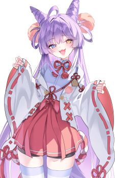 1girl :3 :d ahoge bike_shorts blue_eyes cone_hair_bun daimi_94 fang fox_girl fox_tail hair_bun hair_ornament hair_rings heterochromia highres kosode open_mouth pom_pom_(clothes) pom_pom_hair_ornament purple_hair purple_tail simple_background smile socks_over_thighhighs solo stellive tail tenko_shibuki virtual_youtuber white_background yellow_eyes