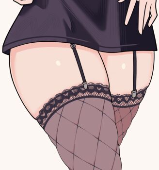 1girl black_skirt black_thighhighs character_request commentary copyright_request fishnet_thighhighs fishnets garter_straps ginotty lower_body miniskirt skirt solo thigh_focus thighhighs unfinished