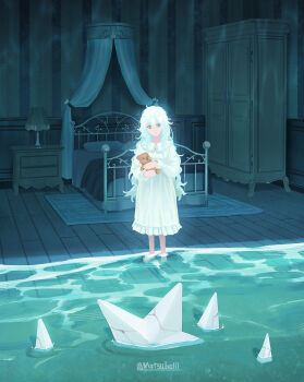1girl barefoot bed bedroom curtains fantasy highres holding holding_stuffed_toy lamp long_hair long_sleeves matsuba10 nightgown original pillow scenery soaking_feet solo standing star_(symbol) stuffed_animal stuffed_toy teddy_bear water wavy_hair white_hair white_nightgown wooden_floor