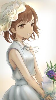 1girl artist_name bouquet breasts brown_eyes brown_hair commentary commentary_request dress english_commentary flower from_side grey_dress highres holding holding_bouquet looking_at_viewer misaka_mikoto mixed-language_commentary parted_lips short_hair simple_background sleeveless sleeveless_dress small_breasts smile solo toaru_kagaku_no_railgun toaru_majutsu_no_index usubeni