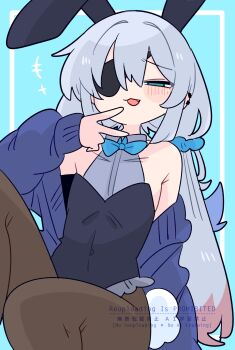 +++ 1boy :3 animal_ear_hairband animal_ears bare_shoulders black_hairband black_leotard black_pantyhose blue_background blue_bow blue_bowtie blue_cardigan blue_eyes blue_hair blue_scrunchie blush bow bowtie cardigan collarbone colored_tips commentary covered_navel crossdressing crossdressing_(mtf) eyepatch fake_animal_ears fake_tail fang flipped_hair frilled_leotard frills hair_between_eyes hair_intakes hair_ornament hair_scrunchie hairband hand_up highleg highleg_leotard highres leotard long_hair long_sleeves looking_at_viewer male_focus male_playboy_bunny multicolored_hair narrowed_eyes no_nose off_shoulder one_eye_covered op_na_yarou open_cardigan open_clothes original pantyhose parted_lips playboy_bunny quad_tails rabbit_ear_hairband rabbit_ears rabbit_tail raised_inner_eyebrows red_hair rigel_(op_na_yarou) scrunchie sidelocks simple_background solo straight_hair tail trap v very_long_hair watermark white_hair