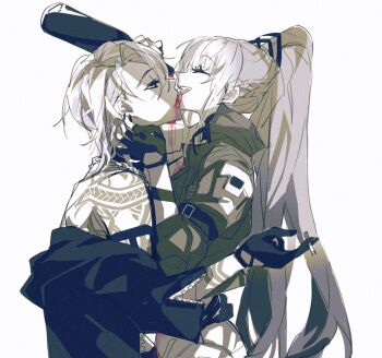 2girls alcohol bai_yi_(path_to_nowhere) bottle chain chain_necklace cigarette fingerless_gloves gloves high_collar high_ponytail highres jacket jewelry licking licking_another&#039;s_face limited_palette long_hair medium_hair multiple_girls necklace off_shoulder path_to_nowhere ponytail pouring pouring_onto_self profile red_wine rekka sepia shoulder_tattoo spot_color tattoo tribal_tattoo upper_body very_long_hair wine wine_bottle yuri zoya_(path_to_nowhere)