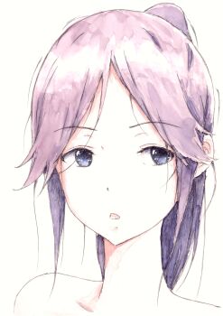 1girl absurdres bare_shoulders bbmasa blue_eyes commentary_request hibike!_euphonium high_ponytail highres kasaki_nozomi liz_to_aoi_tori looking_to_the_side medium_hair open_mouth ponytail portrait purple_hair simple_background solo traditional_media white_background