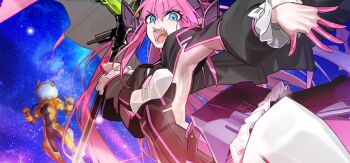 2girls armor blue_eyes blue_sky clothing_cutout colored_extremities dragon_girl dragon_horns dragon_wings elizabeth_bathory_(fate) elizabeth_bathory_(perfect)_(third_ascension)_(fate) fangs fate/grand_order fate_(series) fujimaru_ritsuka_(female) fujimaru_ritsuka_(female)_(captain_chaldea) game_cg helmet holding holding_polearm holding_weapon horns large_variant_set long_hair long_sleeves looking_at_viewer multiple_girls official_art open_mouth pink_hair pointy_ears polearm sky space space_helmet spacesuit star_(sky) third-party_source variant_set very_long_hair wada_arco weapon wings