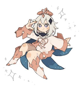 1girl black_scarf blue_cape blush bright_pupils cape closed_mouth diamond_hair_ornament double-parted_bangs floating full_body genshin_impact hair_between_eyes hair_ornament halo hand_up highres looking_at_viewer mechanical_halo medium_hair mihoyo no_nose paimon_(genshin_impact) purple_eyes romper salute scarf shoes sidelocks simple_background smile solo star_(symbol) surapuni_5 v-shaped_eyebrows white_background white_hair white_pupils white_romper white_shoes