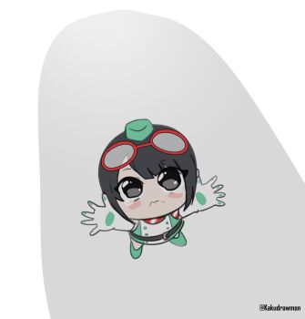 1girl absurdres black_eyes black_hair blush chibi digimon digimon_story:_time_stranger dress from_above gameplay_mechanics goggles goggles_on_head green_dress green_hat hat highres kakudrawmon looking_at_viewer looking_up reaching reaching_towards_viewer short_hair simple_background single_tear solo tearing_up two-tone_dress white_background white_dress yuuki_kanan